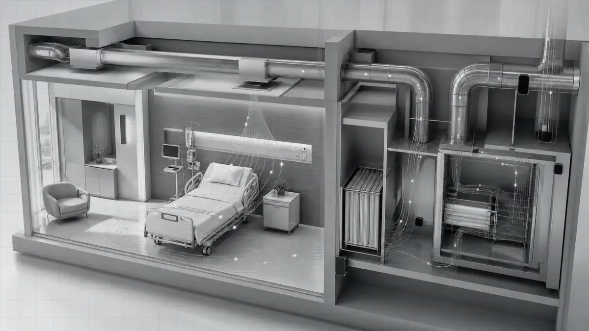 Veylometry Air system concept showing a hospital room connected to ventilation, filtration, air-treatment, and sensor infrastructure with blue and cyan airflow paths.