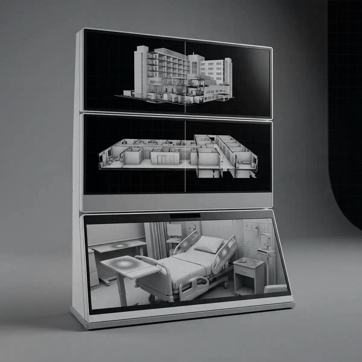 Veylometry Platform command-center concept with stacked displays showing a hospital, a reconstructed floor, and a patient room with localized touchpoint overlays on the bedrails, table, counter, and bedside surface.