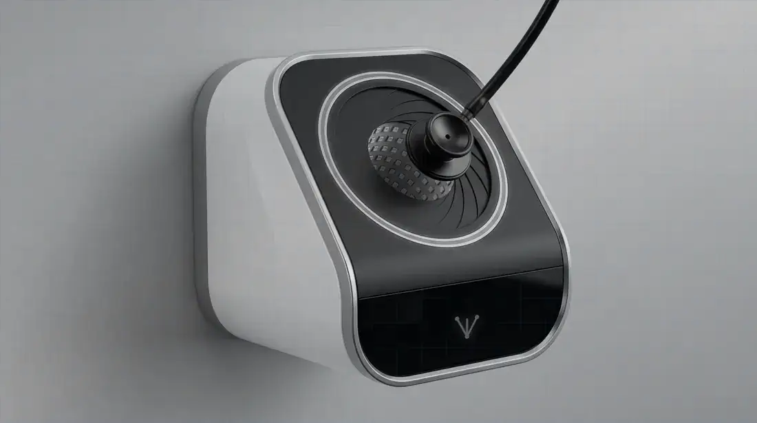 Veylometry stethoscope Vault concept with a blue illuminated iris aperture closing around the stethoscope tube.