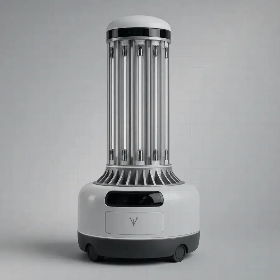Veylometry Vector autonomous treatment platform concept with alternating vertical UVC lamps and blue glow strips, a black sensor band, stainless accents, and white gloss body.